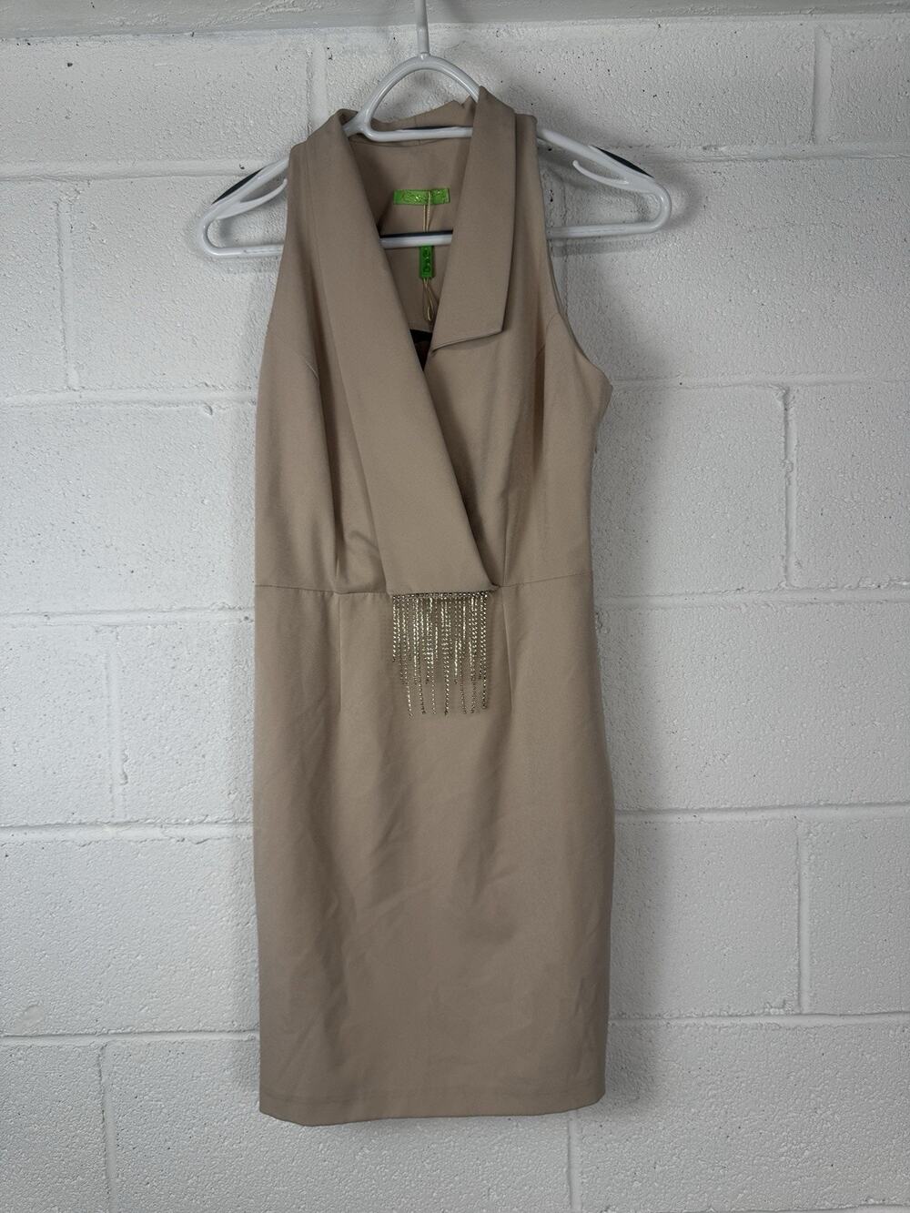 Green Country Dress Small Mini Blazer Tuxedo Beige Tasseled Rhinestone N146